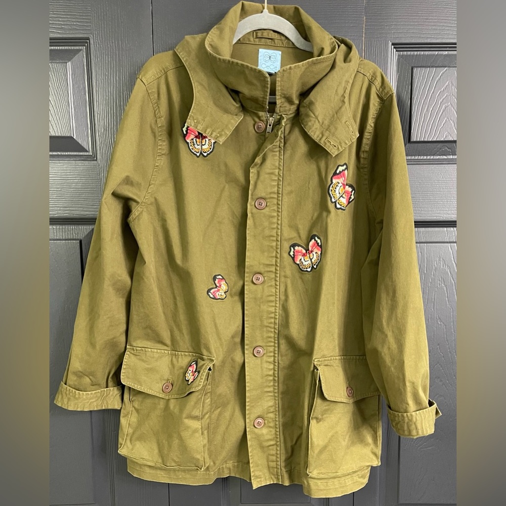 CECE by CYNTHIA STEFFE ARMY GREEN HOODED ANORAK W/ BUTTERFLY EMBROIDERY Sz 14